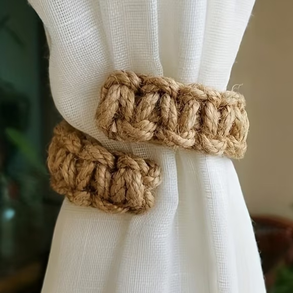 Boho Natural Jute Curtain Tiebacks – Rustic Farmhouse Rope Holdbacks (Set of 8)